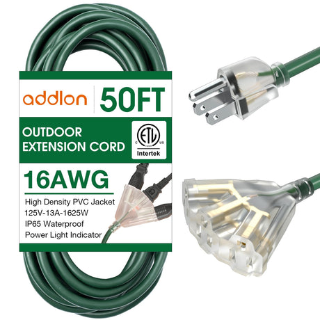 addlon 50FT 16/3 Lighted Outdoor Extension Cord with 3-Plug Outlet, Heavy Duty Extension Cord with 3 Prong Grounded Plug for Safety, 13AMP, Listed ETL addlon
