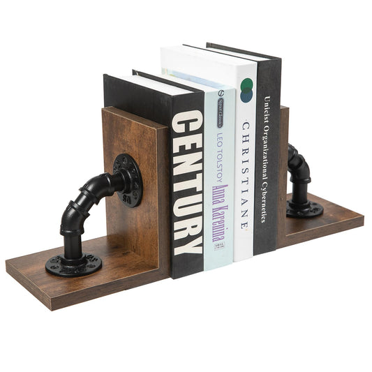 Rustic Decorative Wooden Tabletop Farmhouse Bookends for Heavy Books with Modern Industrial-Style Pipe Office Desktop Bookshelf Organizers Stoppers Holder Nonskid Shelf Decor 1-Pair (Dark Brown)