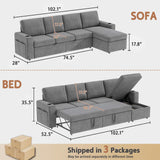 wanan 103" Sleeper Sofa, L-Shaped Sectional Sofa Bed with Storage Chaise, Reversible 2 in 1 Pull Out Couch with Cup Holders and Side Pockets for Living Room, Easy Assembly (Wool Blend, Grey) wanan