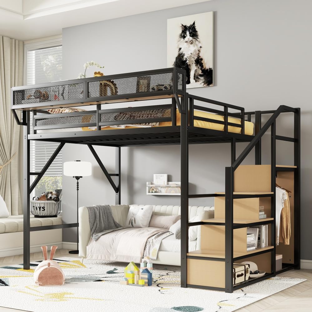DaiNNCN Queen Size Loft Bed with Convertible Stairs and Storage Shelves, Metal Loft BedFrame with Wardrobe and Ladder for Kids,Teens,Adults, No Box Spring Needed, No Noise, Black DaiNNCN