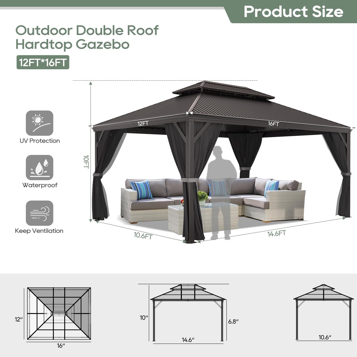 Sumshadow 12'x16' Hardtop Metal Gazebo, Outdoor Galvanized Steel Double Roof Canopy, Aluminum Patio Gazebo with Netting and Curtains for Patio, Lawns, Deck, Backyard,Grey - WoodArtSupply