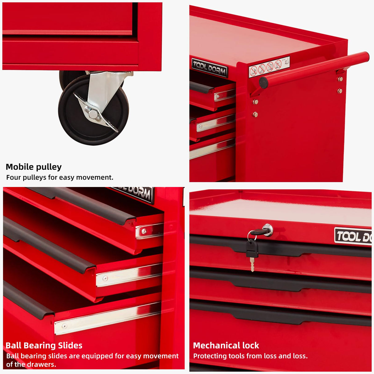 7-Drawer Rolling Tool Chest Cabinet, Large Capacity Metal Tool Box with Wheels and Keyed Locking, Roll Around Storage Organizer Tool Cart for Garage, Warehouse, Work Shop - Red TOOL DORM