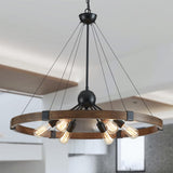 XINGQI 31.5" Wagon Wheel Chandeliers Large Modern Farmhouse Light Fixture, Black & Wood Grain Finish 6-Light for Dining Room Living Room Office XINGQI