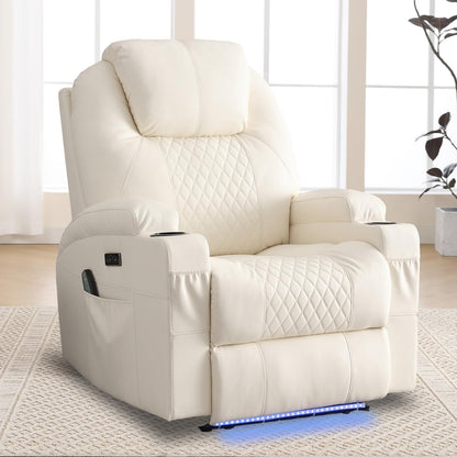 Power Recliner Chair with Heat and Massage for Adults - Home Theater Seating with LED Lights,Cup Holders,Side Pocket,USB Port - Recliner Sofa for Living Room (Beige, Single Recliner)