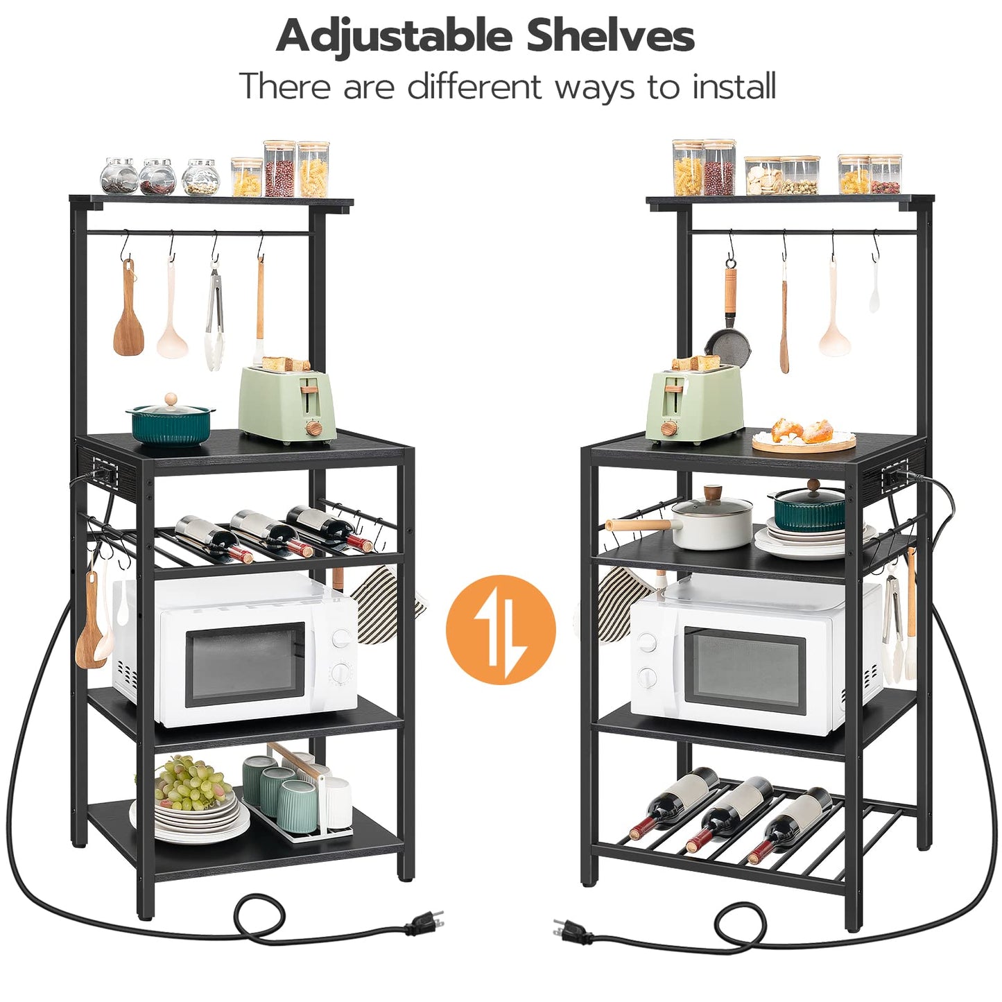 HOOBRO Kitchen Bakers Rack with Power Outlet, 5-Tier Coffee Bar with Adjustable Wine Rack, Microwave Stand with 10 S-Shaped Hooks, Kitchen Storage Shelf Rack, Rustic Brown BK60UHB01