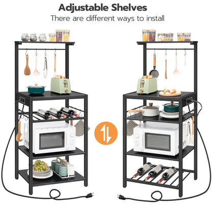 HOOBRO Kitchen Bakers Rack with Power Outlet, 5-Tier Coffee Bar with Adjustable Wine Rack, Microwave Stand with 10 S-Shaped Hooks, Kitchen Storage Shelf Rack, Rustic Brown BK60UHB01