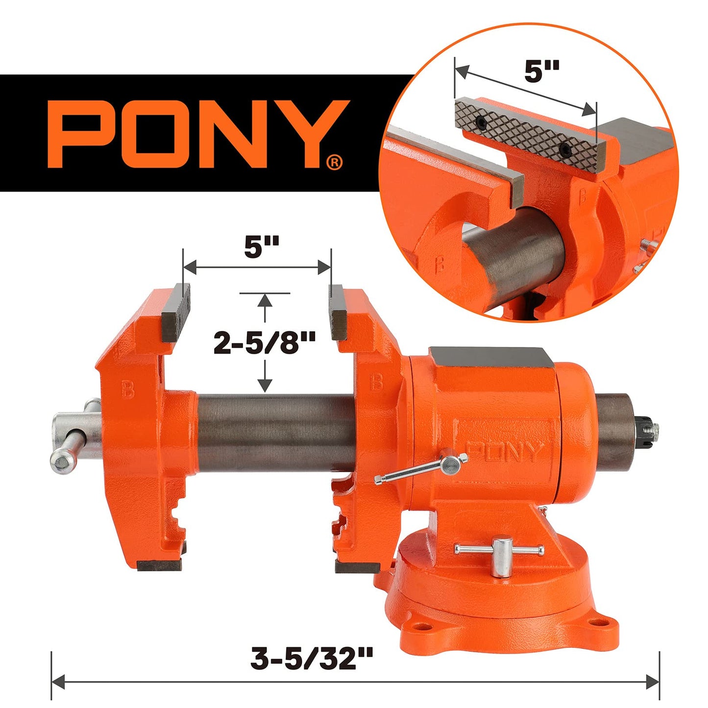 PONY Heavy Duty Bench Vise, 5-inch Jaw Width 5-inch Jaw Opening, 360-Degree Swivel Base with Anvil, Utility Combination Pipe Home Vise for Woodworking, One-Pair Vise Jaw Pad Included - WoodArtSupply