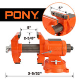 PONY Heavy Duty Bench Vise, 5-inch Jaw Width 5-inch Jaw Opening, 360-Degree Swivel Base with Anvil, Utility Combination Pipe Home Vise for Woodworking, One-Pair Vise Jaw Pad Included PONY