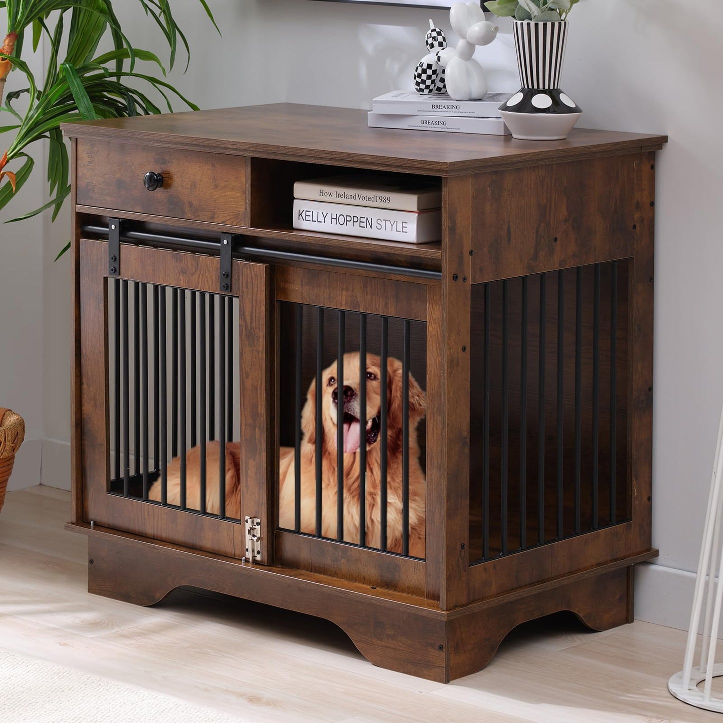 DISHUP 35" Furniture Style Dog Crate, Wooden Dog Crate with Storage Drawers, Indoor Dog Kennel Furniture End Table with Sliding Doors for Small/Medium Dogs,Heavy-Duty, Rustic Brown - WoodArtSupply