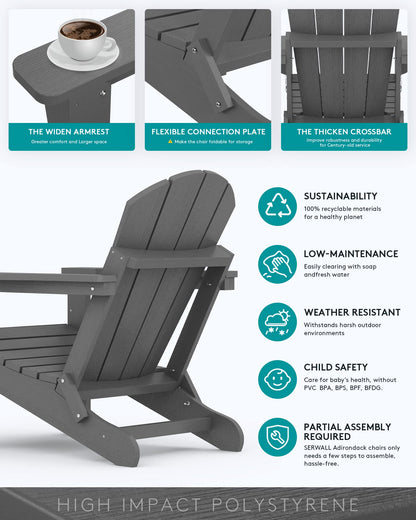 SERWALL Adirondack Chair for Patio Garden Outdoors Fire Pit- (Folding Gray) - WoodArtSupply