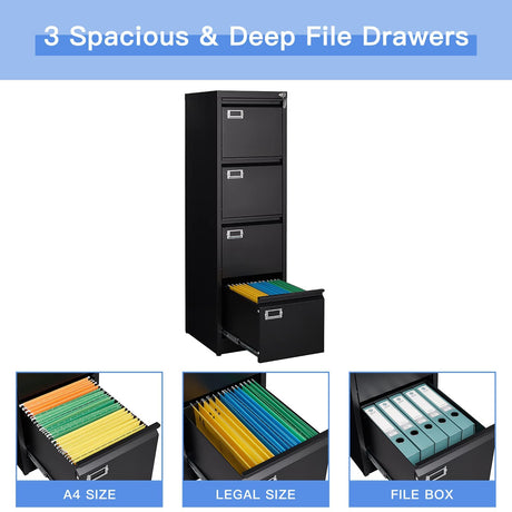 Yizosh 4 Drawer Black File Cabinet with Lock, Filing Cabinets for Home Office, Metal Locking Office File Storage Cabinets with Drawers, Vertical Small Filing Cabinet Organizer for Legal/A4 Yizosh