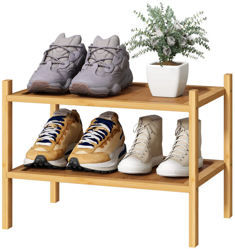 kiplant Small Shoe Rack, 2-Tier Bamboo Wood Shoe Rack for Entryway, Stackable Shoe Organizer for Hallway Closet, Free Standing Shoe Racks for Indoor & Outdoor kiplant