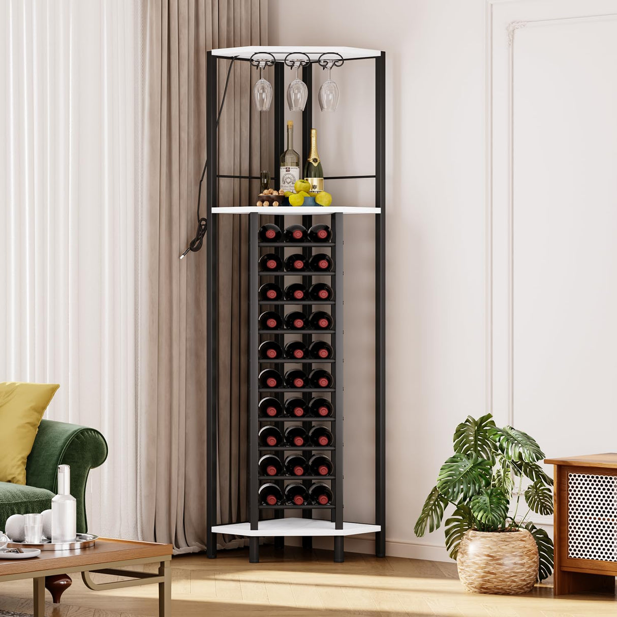 Homeiju Corner Wine Rack with Glass Holder and Led Strip Light, Corner Bar Wine Racks Freestanding Floor, Industrial Corner Bar Cabinet for Kitchen, Dining Room, Living Room or Cellar Homeiju