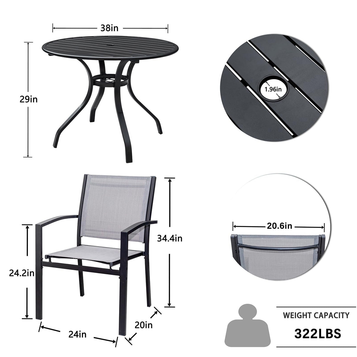LEVELEVE 5 Piece Patio Dining Set,Outdoor Furniture 4 Textilene Chairs & 1 Round 38"x 38" Metal Slatted Table with 1.5" Umbrella Hole,Outside Porch Deck Balcony Backyard Set for 4 LEVELEVE