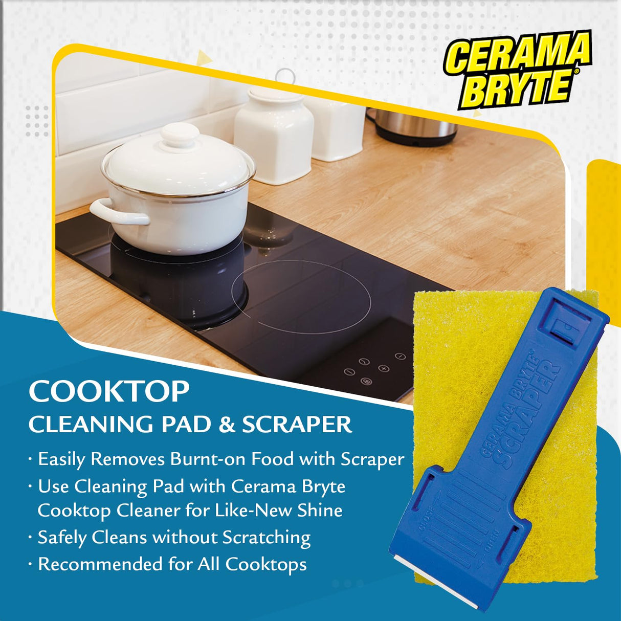 Cerama Bryte 1 x Scraper & 1 x Pad Kit Cooktop and Stove Top Cleaner for Glass - Ceramic Surfaces, 2 Piece Set Cerama Bryte