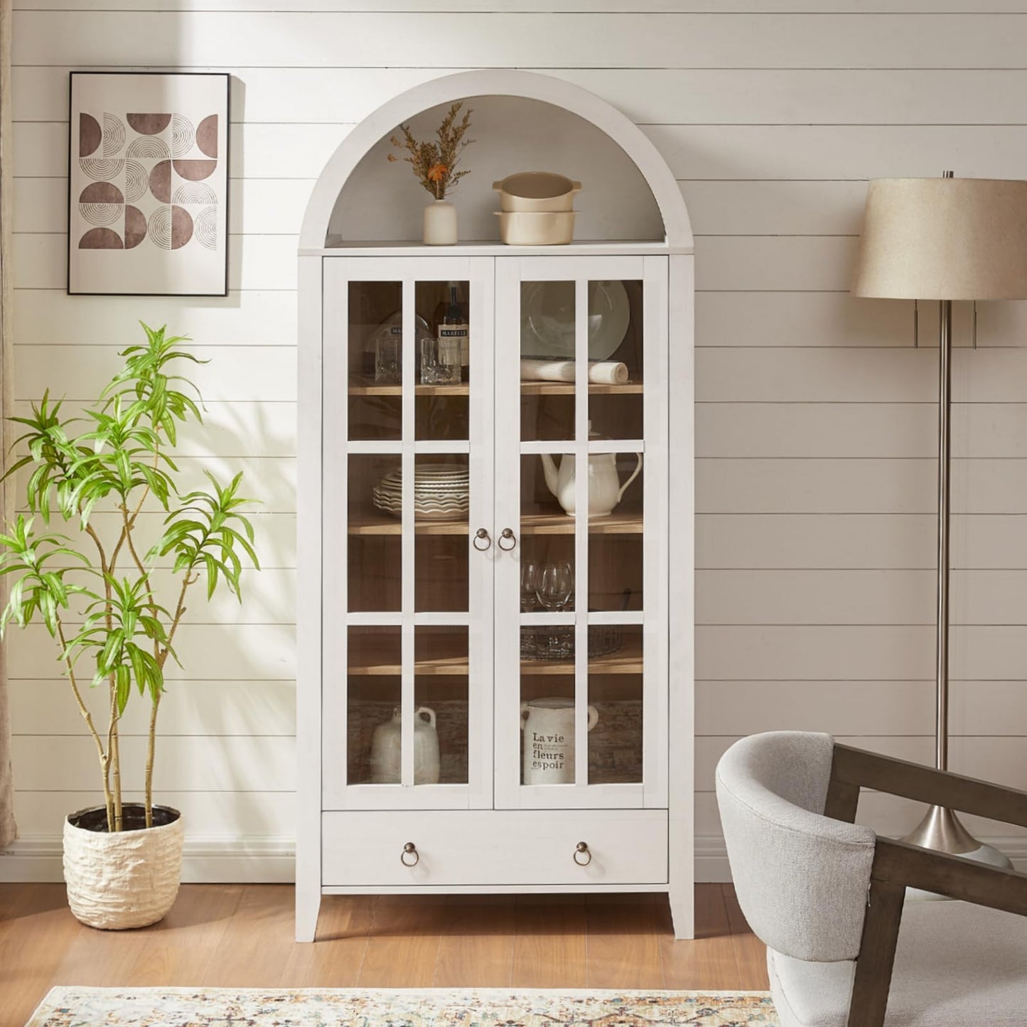 Farmhouse Arched Cabinet with Glass Doors, Wood Display Cabinet with Drawer and Adjustable Shelves, 71” Kitchen Pantry Tall Bookshelf Modern China Cabinet for Living Room,Office (Antique White)