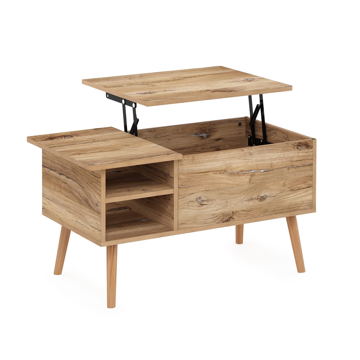 Furinno Jensen Wooden Leg Lift Top Coffee Table with Hidden Compartment and Side Open Storage Shelf for Living Room, Flagstaff Oak - WoodArtSupply