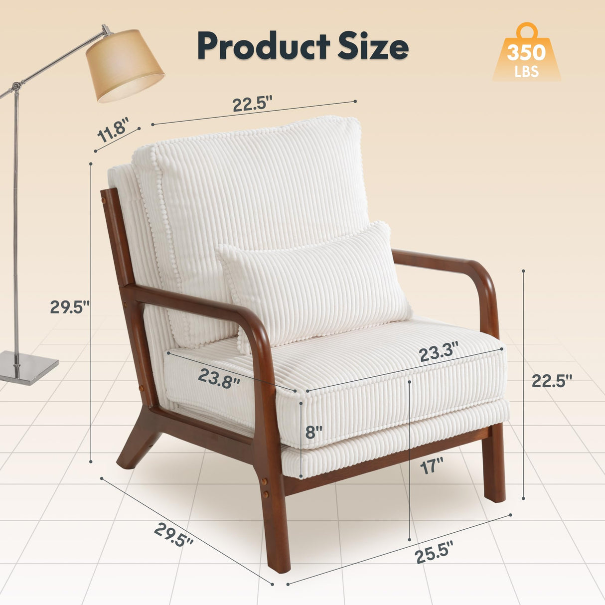 FLEXISPOT AC1 Accent Chairs Set of 2, Upholstered Mid Century Modern Corduroy Armchairs with Solid Wood Frame, Comfy Lounge Reading Chairs Farmhouse Armchairs for Living Room, Bedroom, Balcony (White) FLEXISPOT