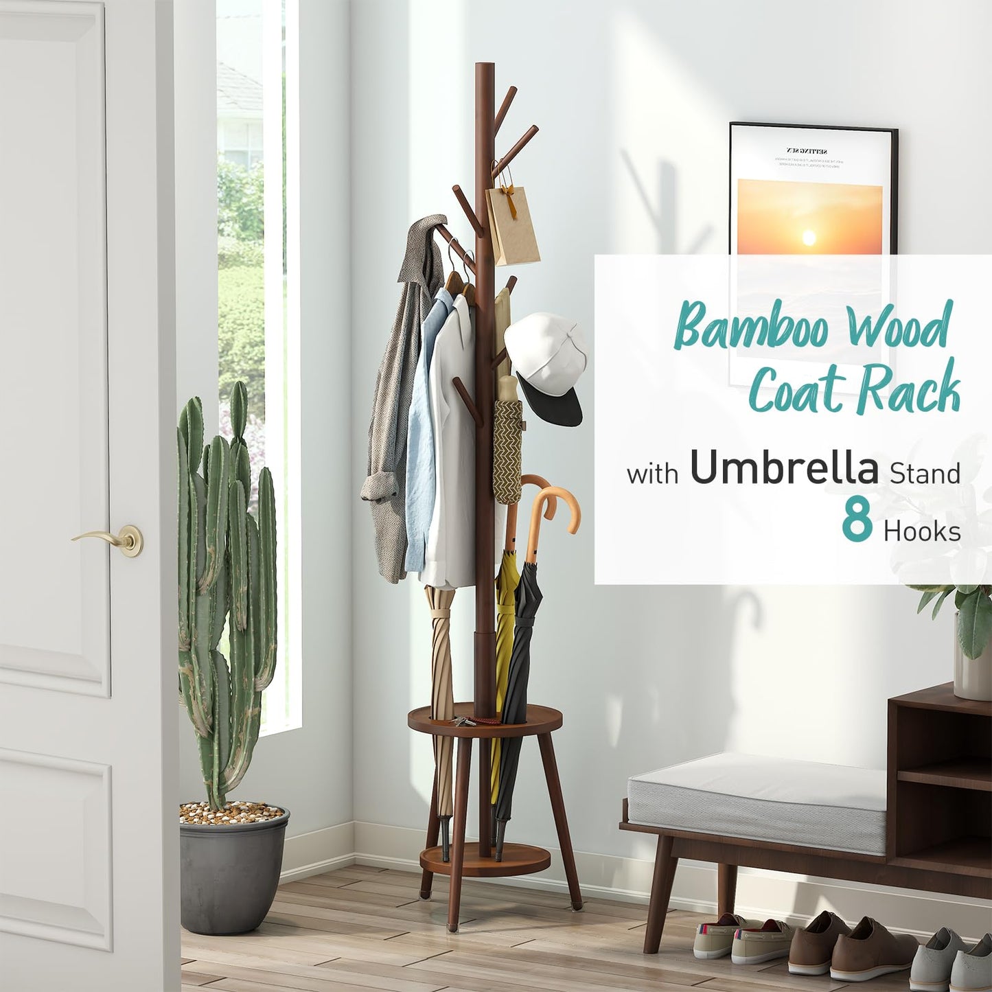 Vriccc Bamboo Wood Coat Rack, Coat Rack with Umbrella Holder, Adjustable Height Wooden Coat Stand with 8 Hooks, kids coat rack, Used In The Bedroom Living Room, Office To Hang Clothes, Hats,  - WoodArtSupply