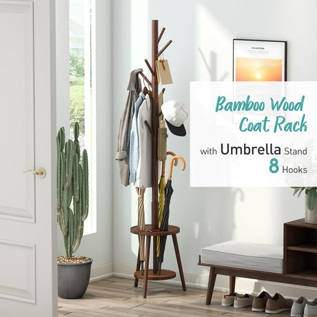 Vriccc Bamboo Wood Coat Rack, Coat Rack with Umbrella Holder, Adjustable Height Wooden Coat Stand with 8 Hooks, kids coat rack, Used In The Bedroom Living Room, Office To Hang Clothes, Hats, Bags Vriccc