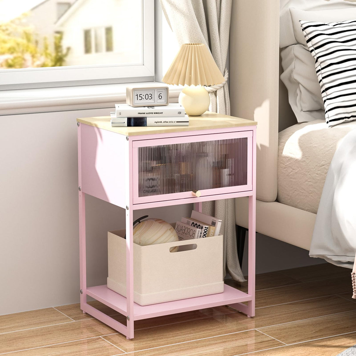 SYKIARIOL Pink Nightstand,End Tables with Storage Drawer,Bedside Table with Open Storage Shelf,Metal Side Table,Durable Wood Top Side Table for Bedroom,Living Room,Dorm,Guest Bedroom,Pink SYKIARIOL