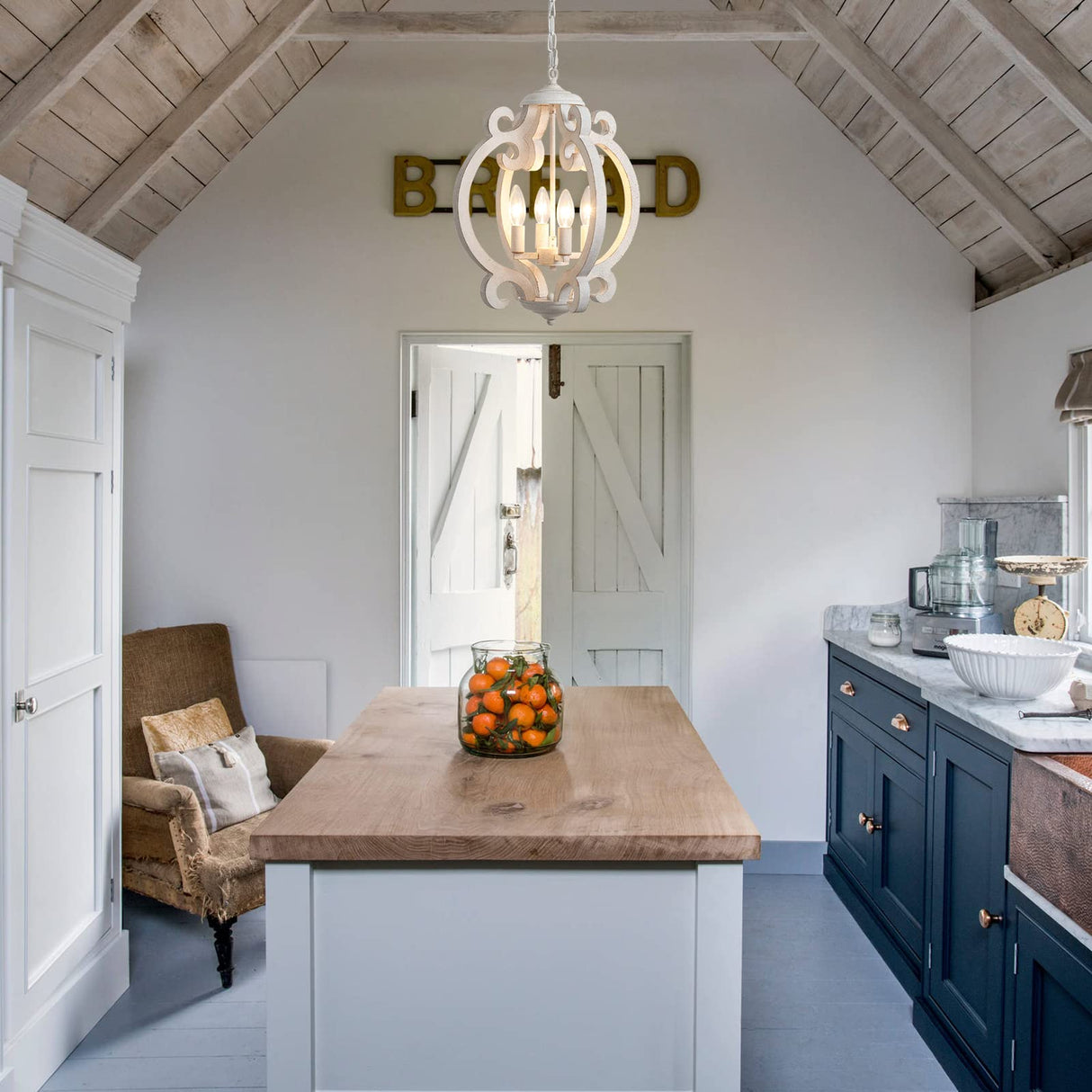 ALISADABOY Dining Room Chandelier Farmhouse Rustic White Wood Light Fixture Antique Orb Pendant Lighting for Kitchen Island Living Room Bedroom Entryway Foyer Staircase, 4 Light ALISADABOY