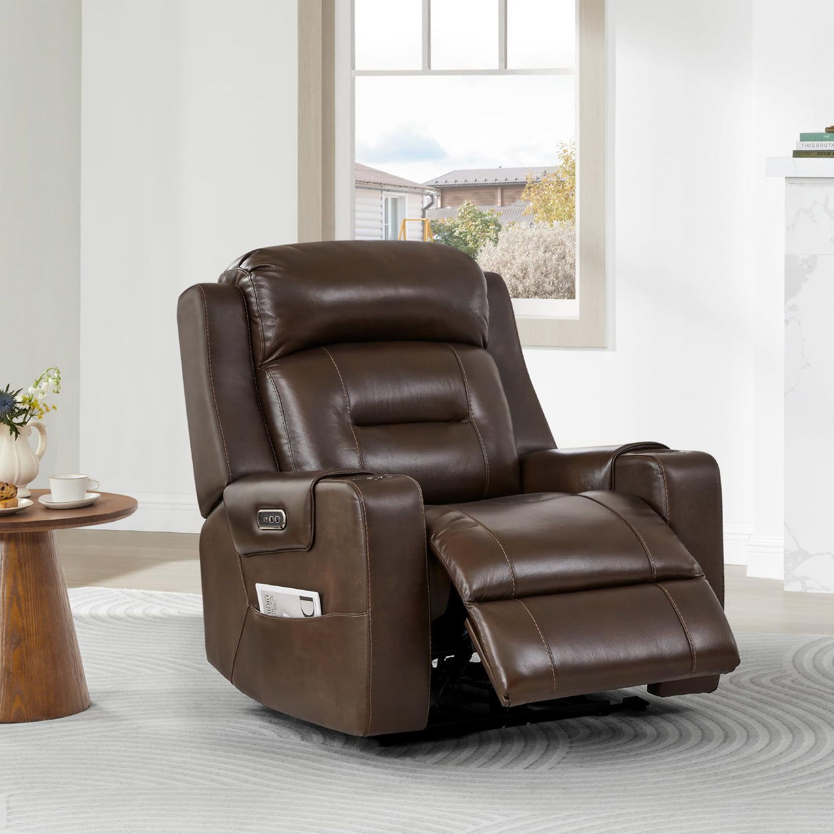 Watson & Whitely Genuine Leather Power Recliner Chairs for Adults, Lay Flat Recliner with Power Headrest, USB Ports and Cup Holders, Electric Reclining Sofa for Living Room, Bedroom, Dark Brown Watson & Whitely