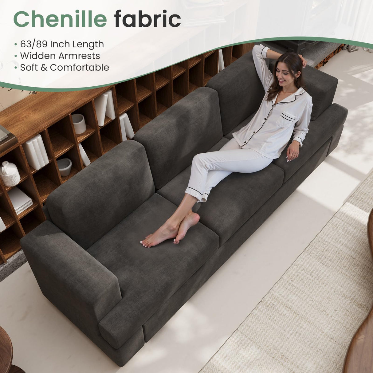 YOUDENOVA 2 Piece Set Comfy Sofa Couch, 3 Seater & Loveseat Sofa with Deep Seats, Modern Sleeper Couch for Living Room, Dark Grey Chenille YOUDENOVA