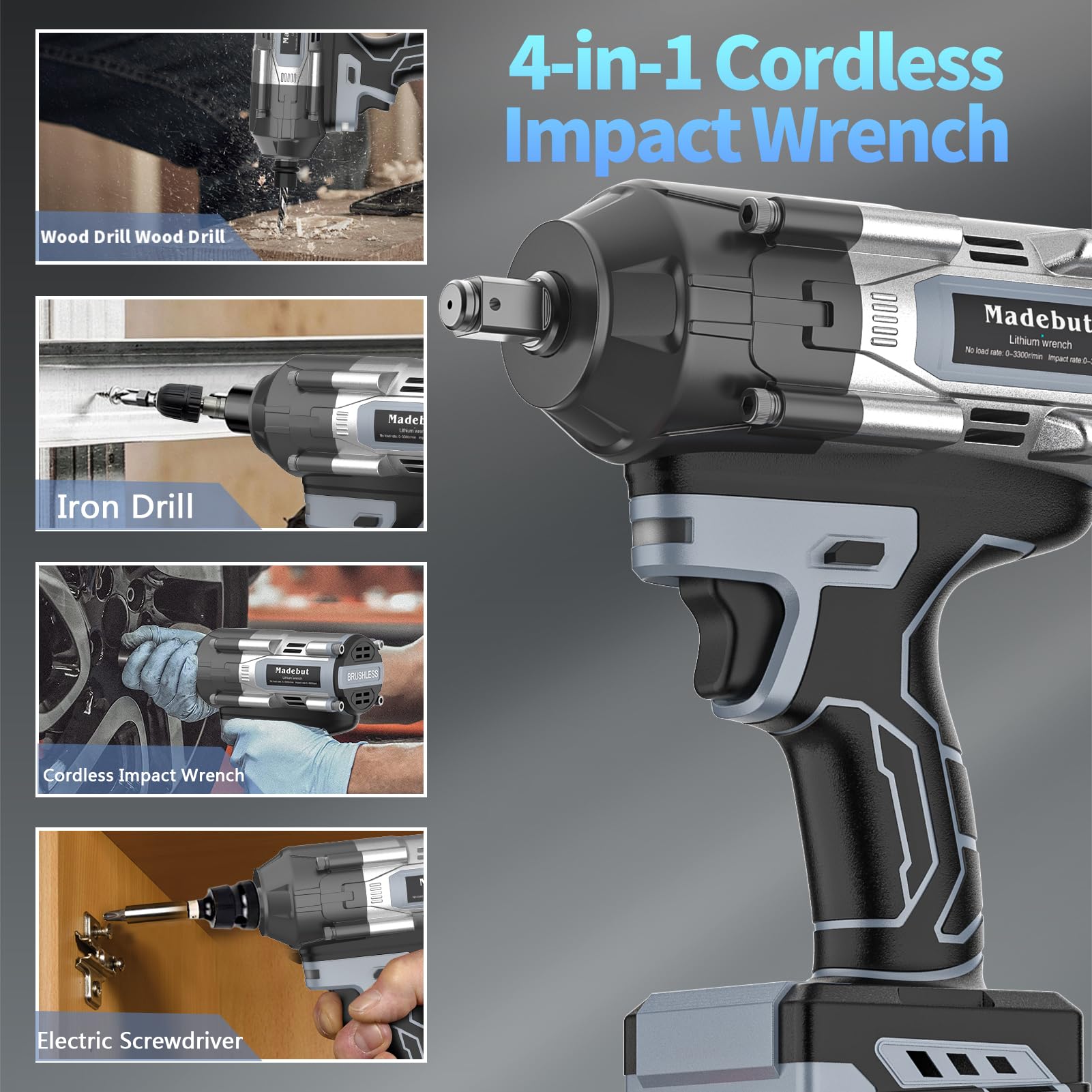 Cordless Impact Wrench,3-speeds Cordless Impact Gun with 2*4.0Mah, 1000N.m (740Ft-lbs) Electric Impact Erench with 5 Sleeves, High Torque 1/2 Impact Wrench, Power Impact Wrenches for Home Car - WoodArtSupply