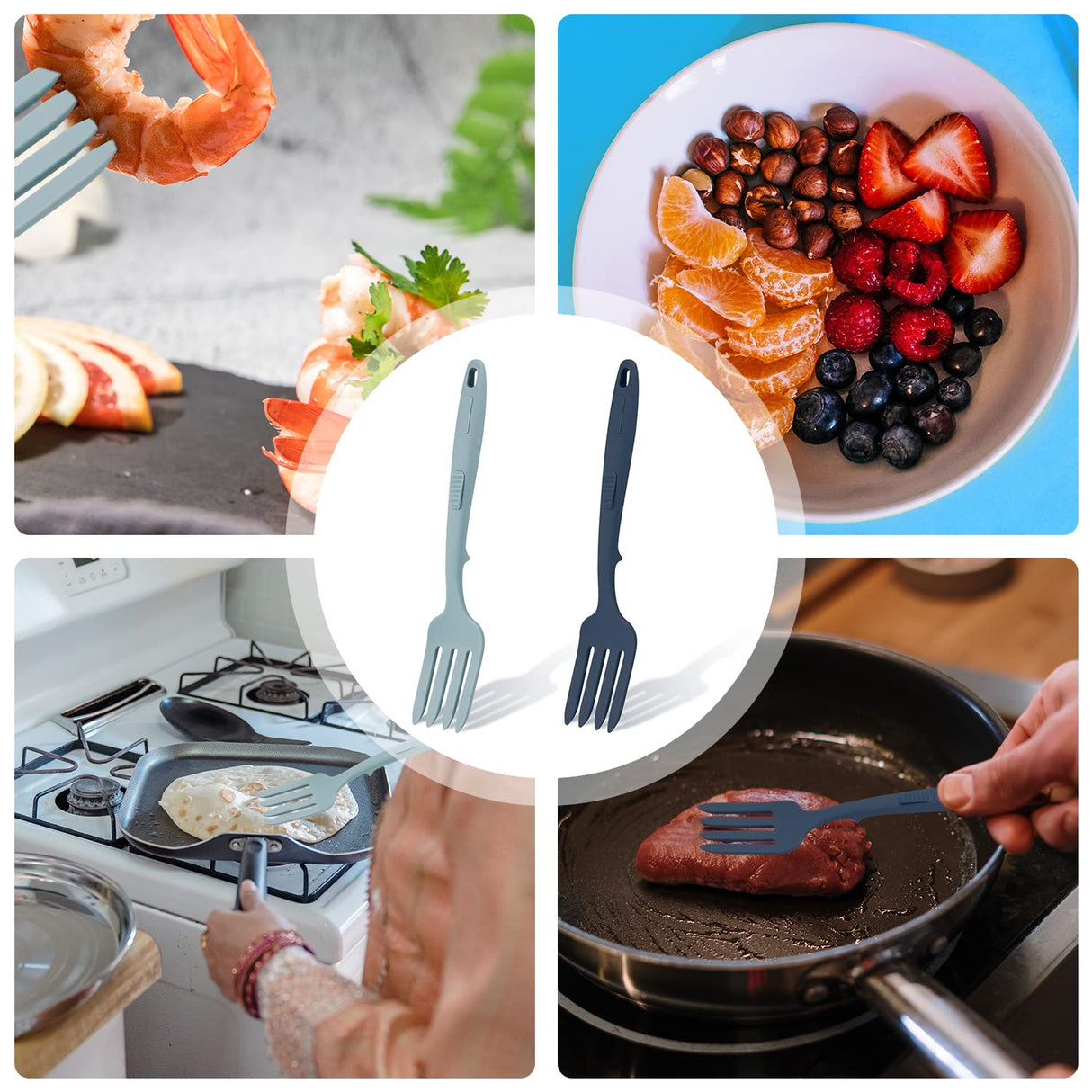 2pcs Silicone Flexible Forks, Silicone Cooking Fork Heat Resistant, Multifunctional Nonstick Blending Fork for Cooking Utensil for Kitchen Stir Mix Mash (Lake Blue, Dark Blue) KINBOM
