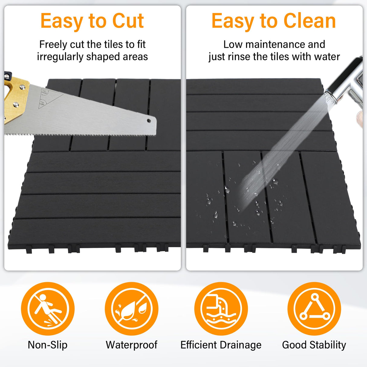 Neoaider 9PCS Plastic Interlocking Decking Tiles 12" x 12", Waterproof Outdoor Flooring All-Weather, Patio Floor Decking Tile for Garden Porch Poolside Balcony Backyard, Dark Grey Neoaider