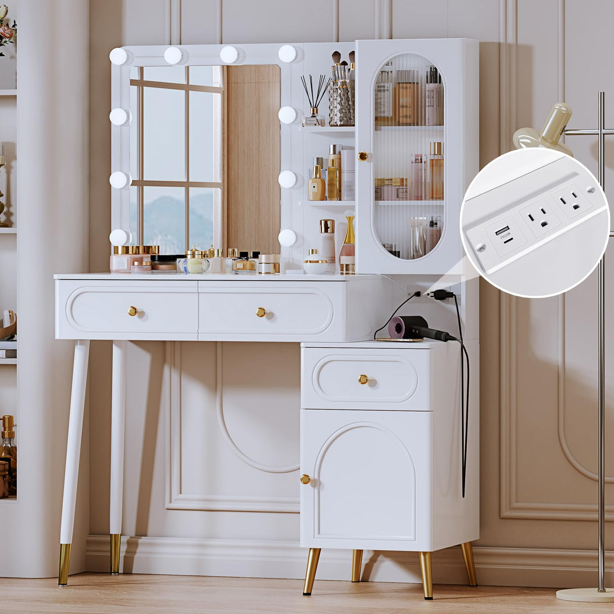 YYJ Vanity Desk with Mirror and Lights, with Chair, Modern High Capacity Makeup Vanity with 3 Drawers, Makeup Table with Power Outlet and 10 Lights for Bedroom,Makeup Room, White YYJ