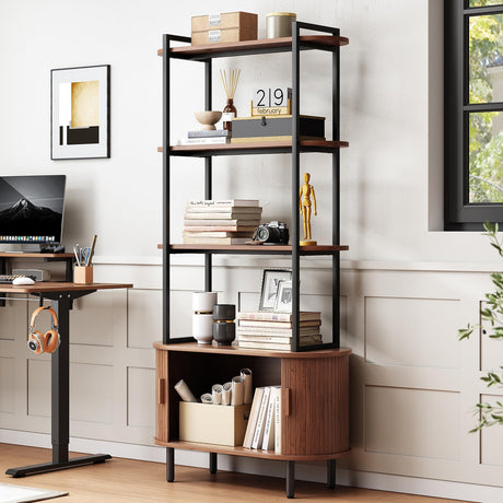 ONBRILL 71" Tall Bookshelf, 4-Tier Book Shelf with Storage Cabinet, Modern Bookcase with Sliding Door and Adjustable Footpad, Freestanding Storage Organizer Bookshelf for Living Room, Bedroom, Walnut ONBRILL