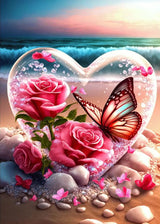 KINPLUB Beach Diamond Painting Kits for Adults, Flowers Heart Diamond Art Kits, 5D DIY Full Drill Seaside Butterflies Paint with Diamonds, Crystal Gem Art for Home Wall Decor 12 x 16 Inch KINPLUB