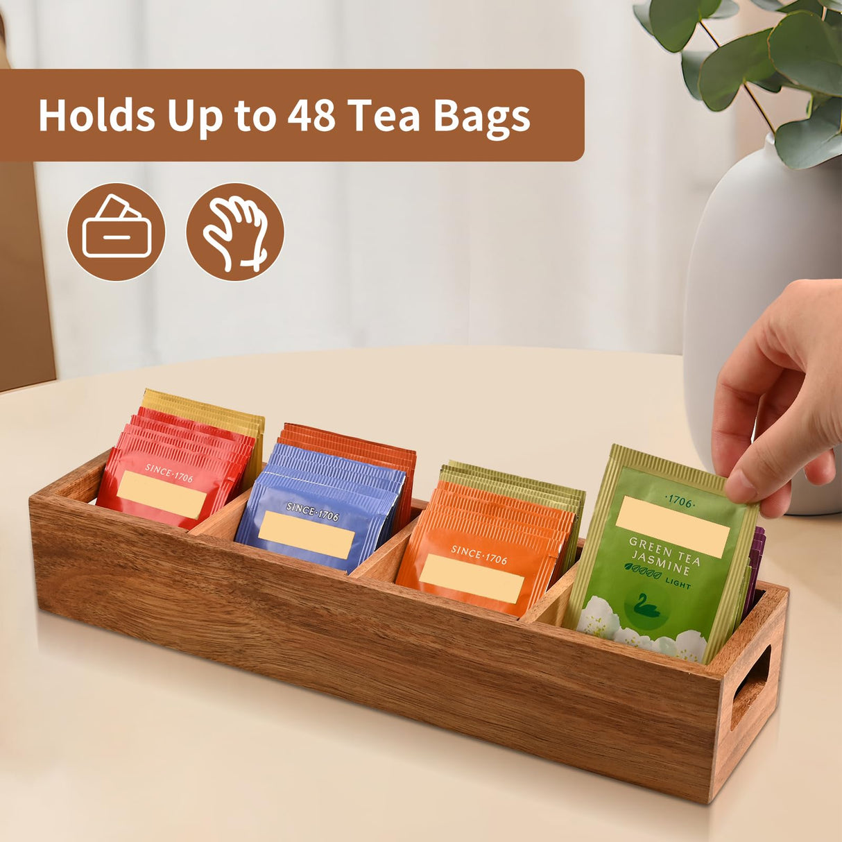 Chicvilla Acacia Wood Tea Bag Organizer with 4 Slots – Tea Bag Holder and Tea Organizer, Sugar Packet Storage for Countertops Chicvilla