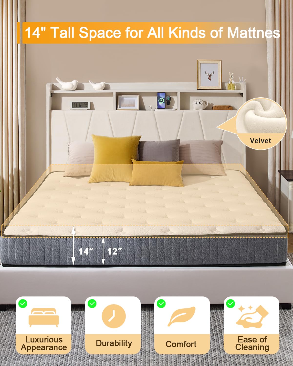 LegacyAmerhome Queen Bed Frame, Velvet Upholstered LED Platform Bed with Headboard Storage, Queen Bed Built-in Charging Station with 4 Drawers, Wood Slat Support, No Box Spring Needed, Beige LegacyAmerhome