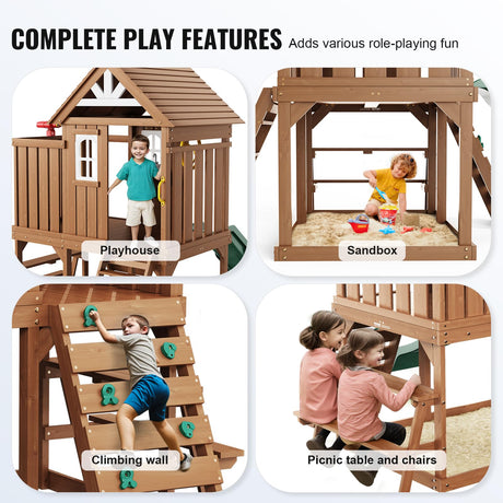 VEVOR Outdoor Wooden Playhouse, Modern Cedar Playhouse for Age 3-10 Years Kids, Garden Games Cottage, Country Style Cedar with Slide, Ladder, Climbing Wall, Windows, Picnic Table and Bench VEVOR