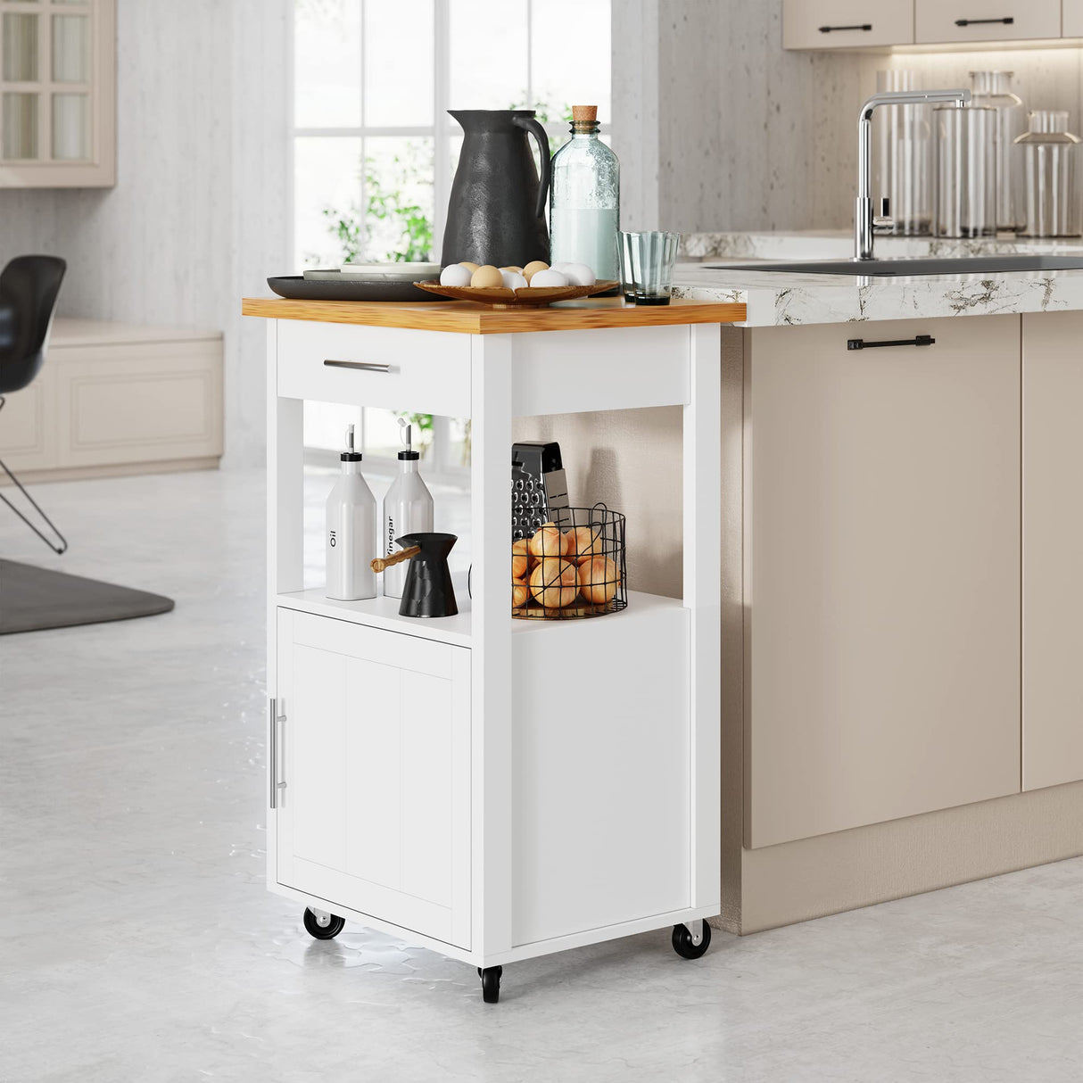 Shintenchi Kitchen Island Cart with Storage,Rolling Side Table on Wheels with Worktop,Single Door Cabinet and Drawer for Dinning Room, White Shintenchi
