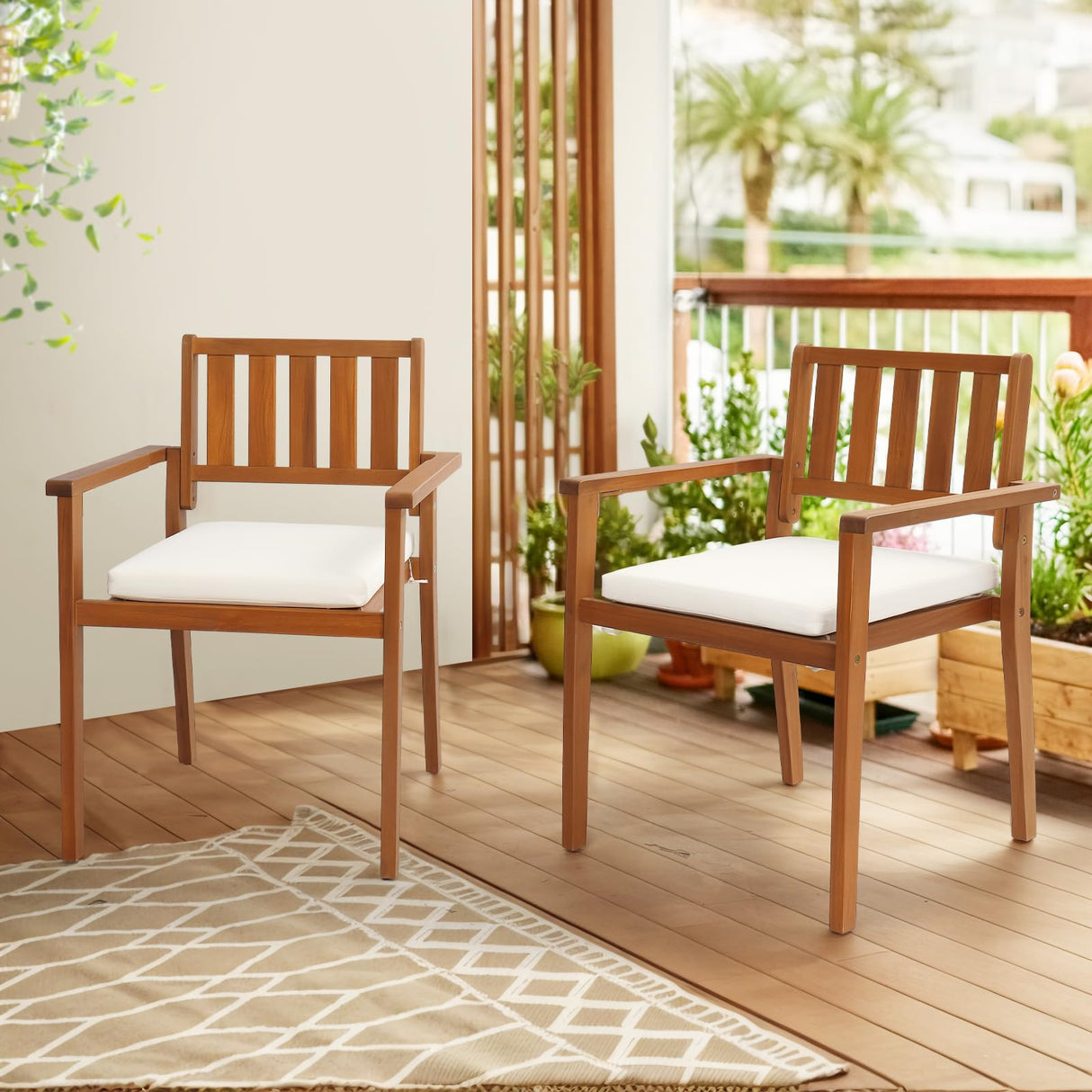 VINGLI Stackable Wooden Patio Dining Chairs – Set of 4, Durable Acacia Wood Outdoor Dining Chairs with Cushions and Comfortable Armrests – Perfect for Porch, Garden, Balcony, Pool, and Indoor VINGLI