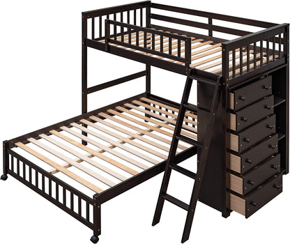 Harper & Bright Designs Twin Over Full Bunk Beds with Six Drawers and Flexible Shelves,Wooden Bunk Beds with Storage and Removable Bottom Bed for Kids Girls Boys,No Box Spring Needed (Espresso)