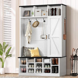 4ever2buy 79 Inch Hall Tree with Bench and Shoe Storage, Farmhouse Hall Tree with Coat Rack, White Entryway Bench with Barn Door and Adjustable Shoe Cubbies, Mudroom Hall Tree with 3-Tier Cabinet 4ever2buy