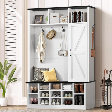 4ever2buy 79 Inch Hall Tree with Bench and Shoe Storage, Farmhouse Hall Tree with Coat Rack, White Entryway Bench with Barn Door and Adjustable Shoe Cubbies, Mudroom Hall Tree with 3-Tier Cabinet 4ever2buy