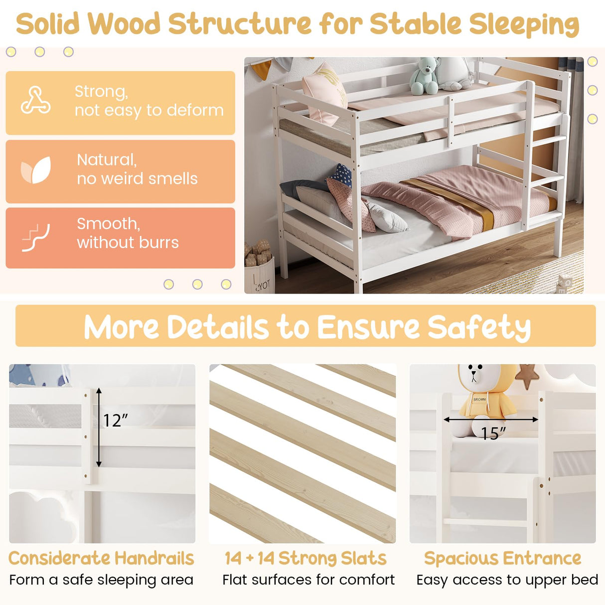 Giantex Bunk Bed Twin Over Twin White, Solid Wood Bunk Bed with Sturdy Ladder & 12 Inch Safety Guard Rails, Twin Size Wood Bed Frame for Dormitory, No Box Spring Needed, Bunk Beds for Kids Teens Giantex