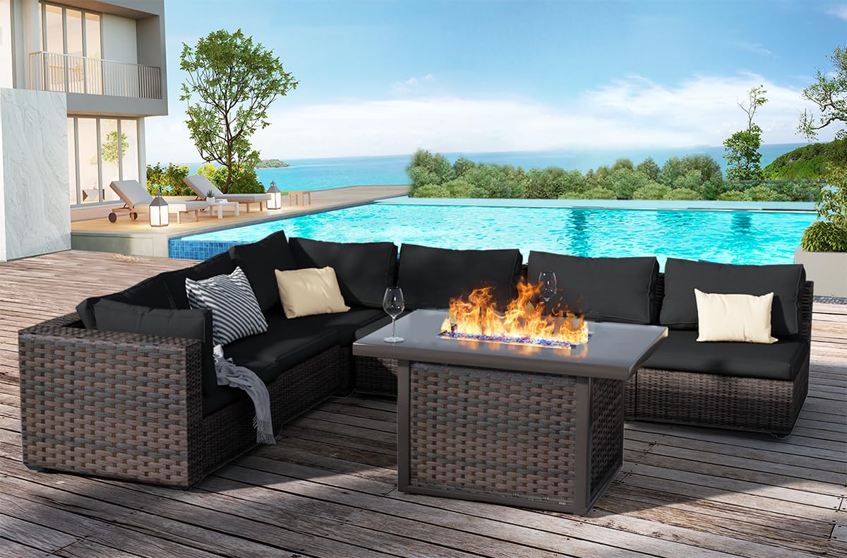 TANGJEAMER Patio Furniture Set 7 Pieces with 44" Fire Pit Table, Rattan Outdoor Sectional Conversation Sets, All Weather Outdoor Furniture Set with Cushions for Garden Lawn Balcony Porch Deck Black TANGJEAMER
