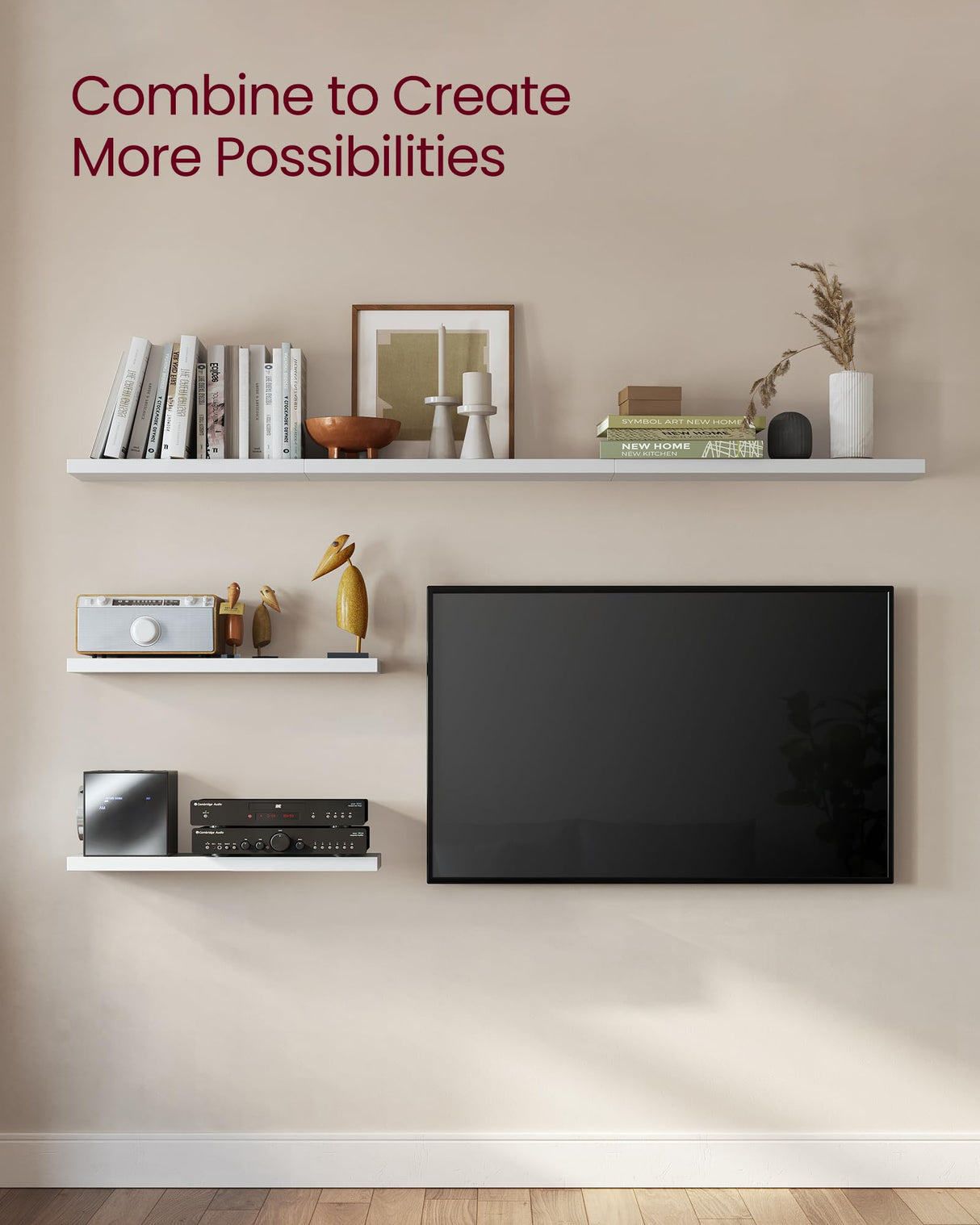 VASAGLE Wall Shelves Set of 2, Floating Shelves, Wall Mounted, 8 x 15.7 x 1.5 Inches, Display Shelves for Picture Frames, Wall Decor, Hanging Shelf for Living Room, Kitchen, White ULWS054W01 VASAGLE