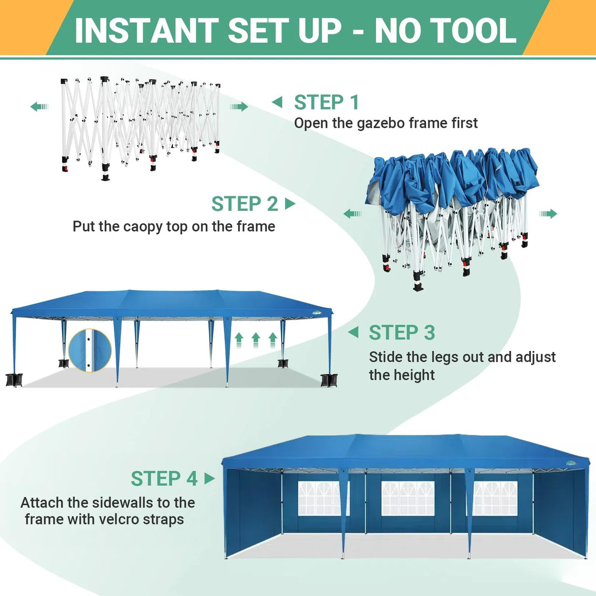 COBIZI 10x30 Canopy Party Tent with 5 Walls 10x30 Pop Up Tent for Parties Waterproof UPF 50+ Outdoor Commercial Event Tent for Party Backyard Gazebo Canopy with Sidewalls & Sandbags(10x30ft) COBIZI
