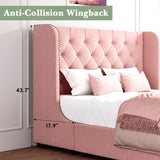 HOMBCK Queen Bed Frame, Upholstered Bed Frame with Headboard, Pink Queen Bed Frame, Wide Wingback, Soft Velvet Bed Frame, No Box Spring Needed, Noise Free, Easy Assembly, Pink HOMBCK