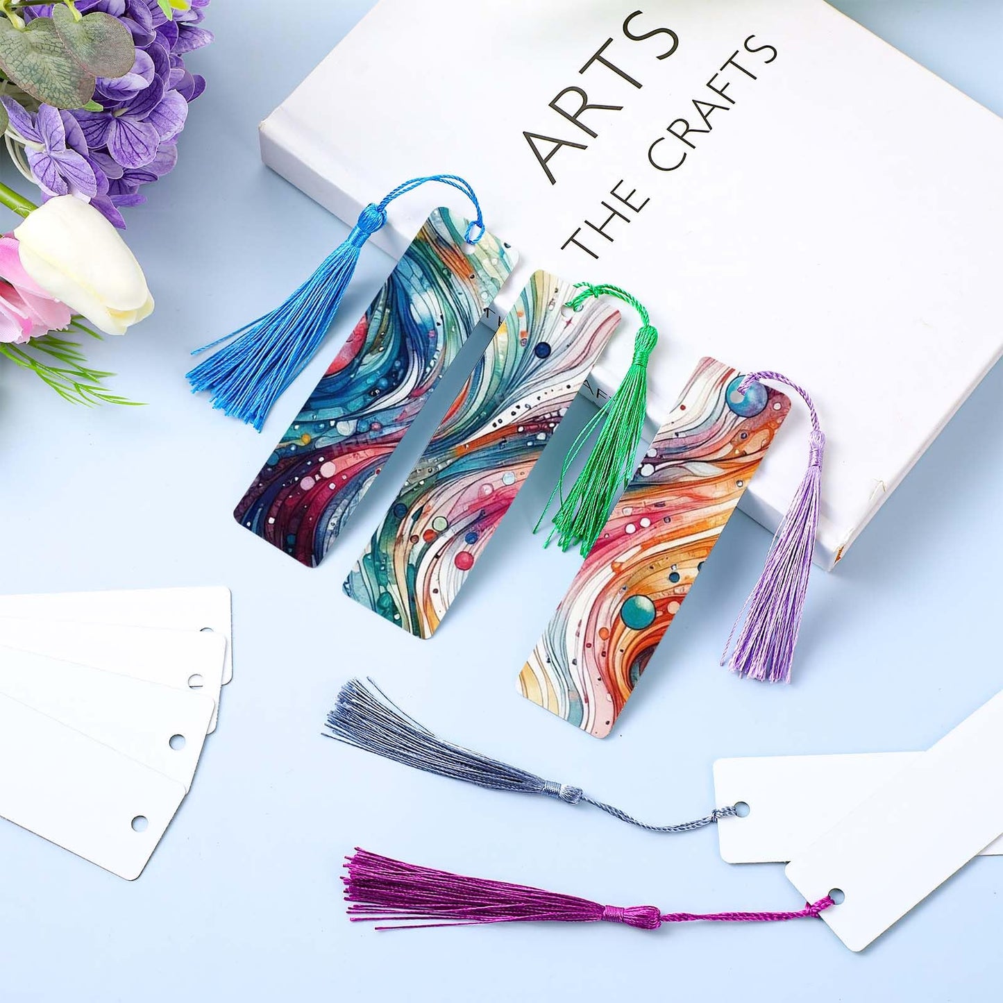 50 Pcs Sublimation Blank Bookmark Heat Transfer Aluminum Metal Bookmarks DIY Bookmarks with Hole and Colorful Tassels Single-Sided Printing Personalized Tassels Blank Bookmarks for Crafts Gift