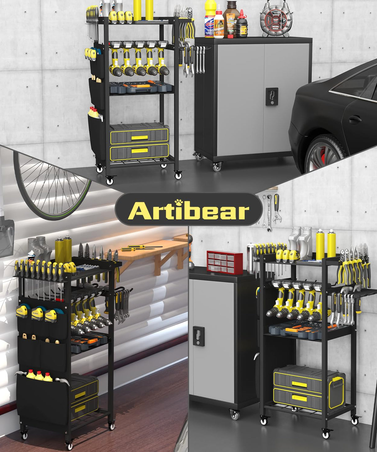 Artibear 4-Tier Rolling Power Tool Organizer Storage Cart, Garage Organization on Wheels Tool Cart with Drill Set Rack Shelf, Mechanic Utility Cart for Workbench & Outdoors Working, Gift for Men Dad Artibear