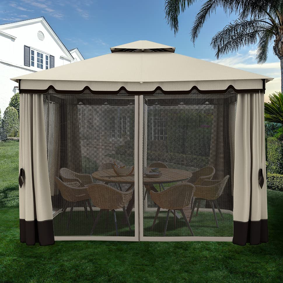 YITAHOME 10x12ft Patio Gazebo Outdoor Double Roof Canopy Gazebo w/Netting & Curtains, Soft Fabric Top Garden Winds Tent with Steel Frame for Lawn, Garden, Backyard and Deck, Khaki YITAHOME